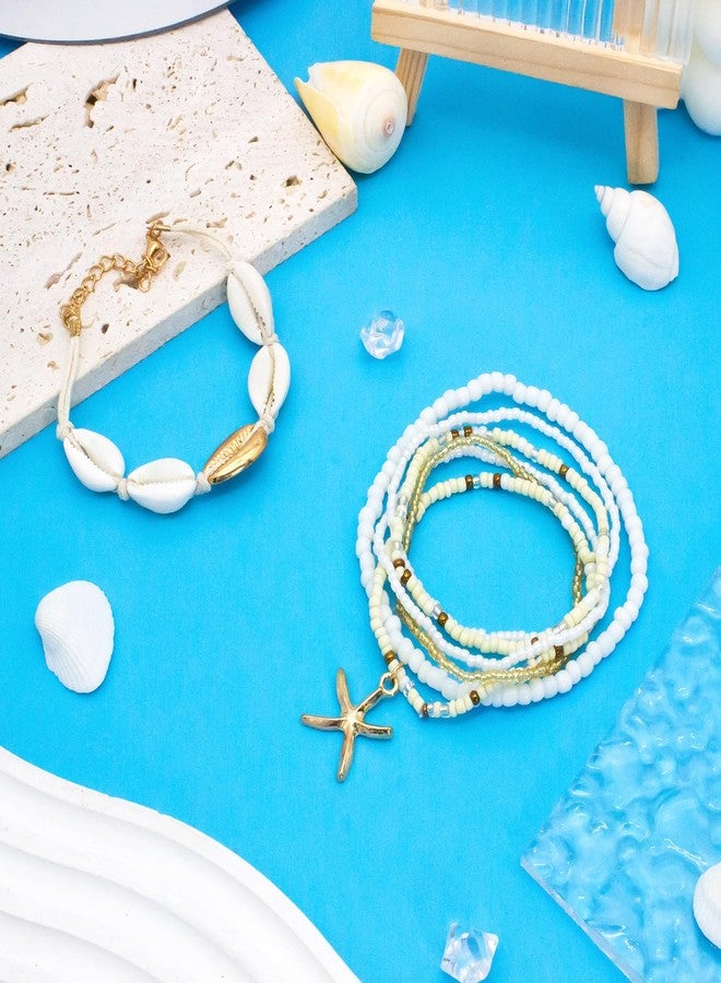 nylry Shell Summer Beach Bracelets for Women Seashell Bracelets Boho Layered Beaded Bracelets Set Starfish Bracelet Handmade Stretch Bracelet Summer Beach Jewelry Accessories Gifts-Beige - Image 3